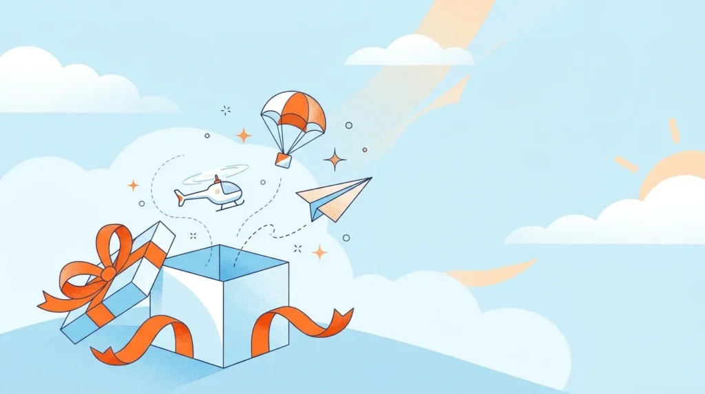 Gift box releasing a small helicopter, parachute and paper airplane into the sky
