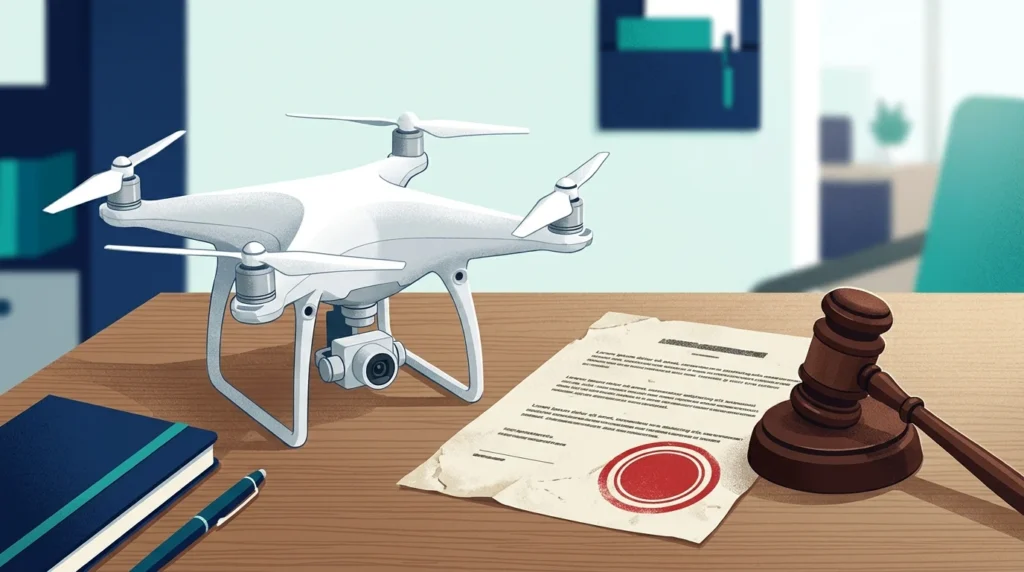 Consumer drone next to a regulatory document and gavel, illustrating US drone rules