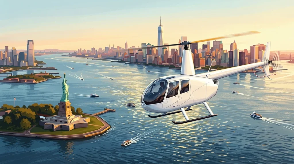 Tour helicopter flying over New York Harbor toward the Manhattan skyline
