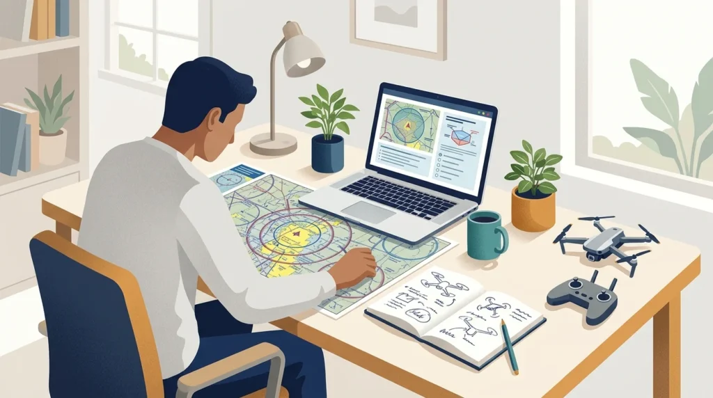Drone pilot studying for the Part 107 exam on a laptop with a sectional chart