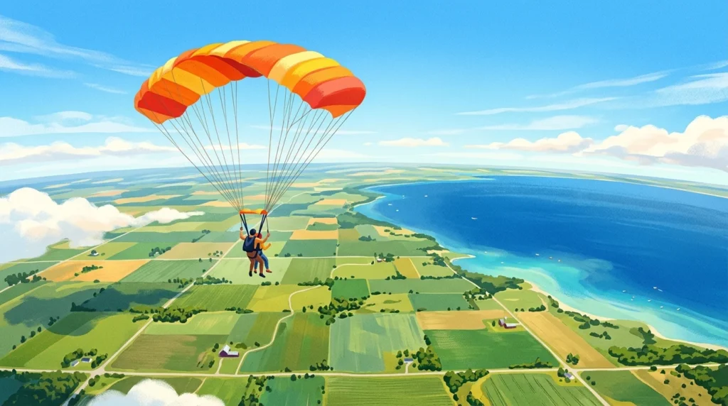 Tandem skydivers under a parachute above Ontario farmland and a lake