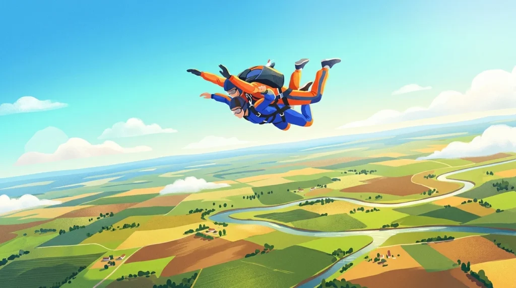 Tandem skydivers in freefall above green farmland on a sunny day
